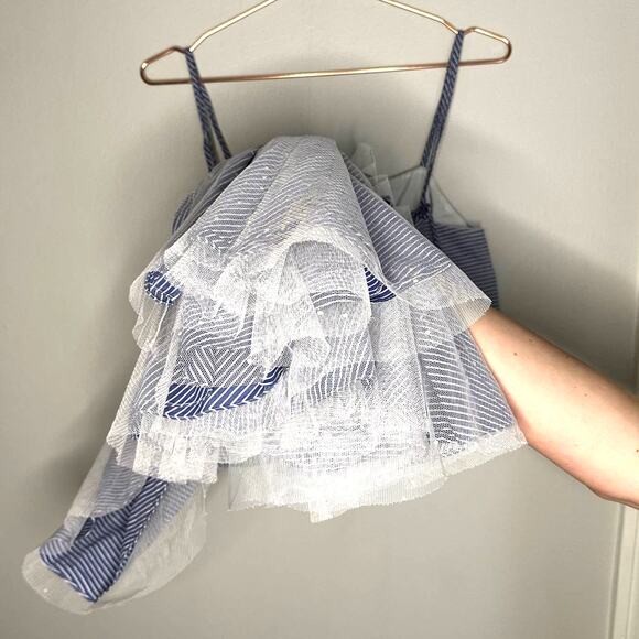 Prabal Gurung Halter Tulle Tiered Midi Maxi Dress Striped Blue Lace Overlay Sz 4 - Picture 9 of 15